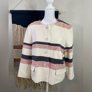 Ann Taylor White Pink Stripped Tweed Lined Collarless Blazer Size 14